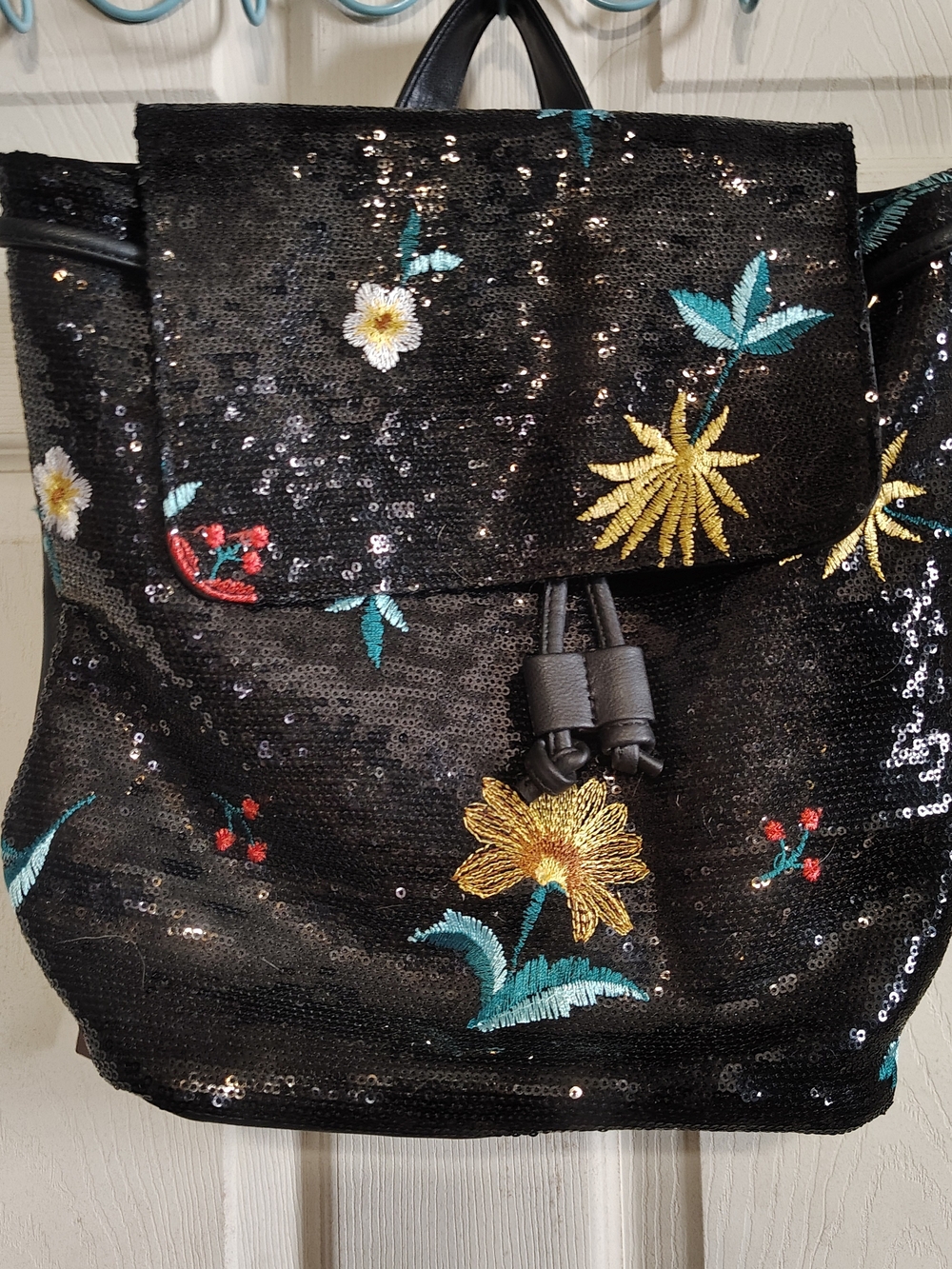 NWT Karma Women Black Sequin Floral Embroidered Backpack